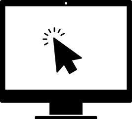 Click in laptop vector icon. Computer with click mouse pointer symbol isolated on white background.