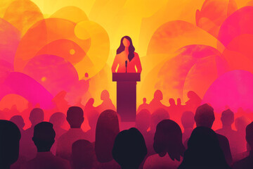 A woman standing at a podium, delivering an inspiring speech on gender equality and empowerment, with a diverse audience in the background.