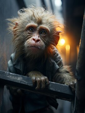 Portrait of a little monkey sitting on the steps
