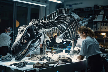 Scientists reconstructing a dinosaur skeleton in a laboratory, surrounded by modern technology, illustrating ancient history with scientific investiga