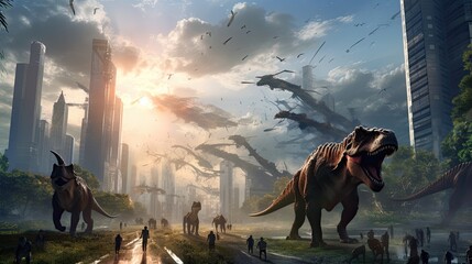 illustration dinosaurs meeting the modern era, with prehistoric creatures walking among towering skyscrapers background.