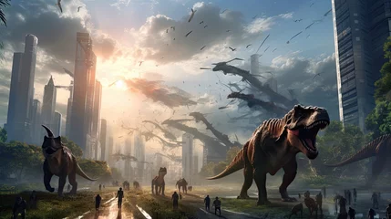 Rolgordijnen Dinosaurus illustration dinosaurs meeting the modern era, with prehistoric creatures walking among towering skyscrapers background.