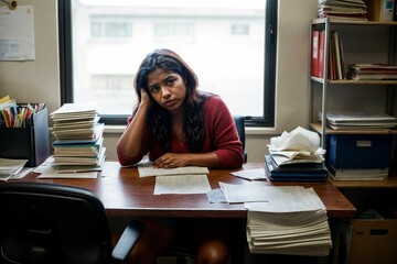 A female worker appears disgruntled, worried, and upset, reflecting a range of workplace challenges, from potential issues like sexual harassment to job loss anxiety - obrazy, fototapety, plakaty