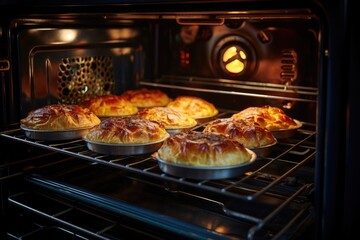 Delicious pie in the oven, close-up, kitchen or dining room interior