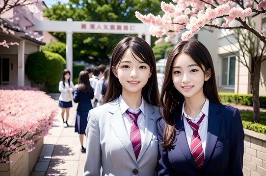 友達と校舎の入口で記念撮影している高校生