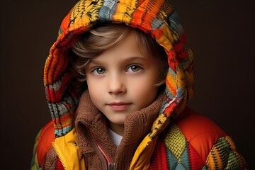 Portrait of a little girl in a warm jacket and scarf. Studio shot.