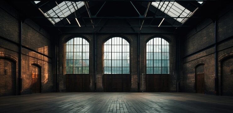 Large and old empty factory building with large windows and sunrays illustration