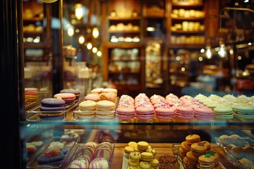 Rolgordijnen A collection of colorful macarons and pastries displayed in a rustic wood and warmly lit glass showcase, captured with a vintage aesthetic. © mihrzn