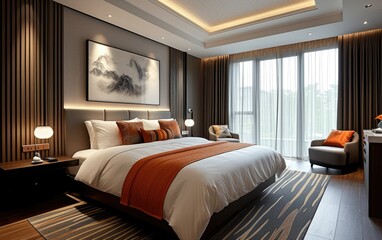 Modern bedroom interior with elegant decor, a comfortable bed, and a large window allowing natural light.