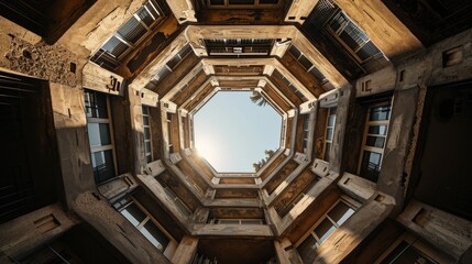 A symmetrical octagonal courtyard of an old residential building against a clear blue sky.
