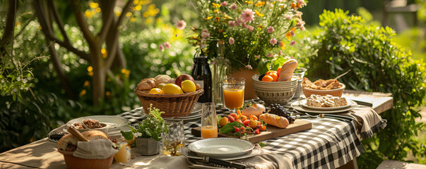 A rustic picnic table with various dishes and drinks set on a checkered tablecloth, surrounded by lush greenery and blooming flowers, conveying the in - obrazy, fototapety, plakaty