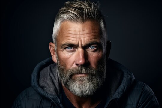 Portrait of a handsome mature man with long gray beard and mustache. Men's beauty, fashion.