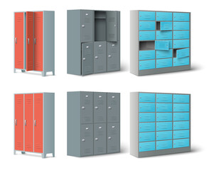 Isolated set of stainless steel grey and colored lockers for storage