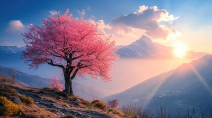  blooming pink cherry blossom on tree on the way to Mardi Himal, Himalaya area for valentine greeting card.