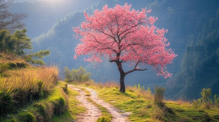  blooming pink cherry blossom on tree on the way to Mardi Himal, Himalaya area for valentine greeting card.