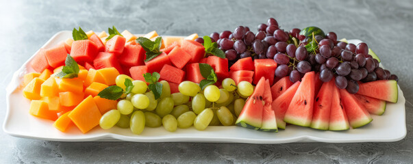 A refreshing spread of halal fruit platter, featuring ripe fruits such as watermelon, cantaloupe, and grapes, artfully arranged on a crisp white dish, evoking health and vitality.