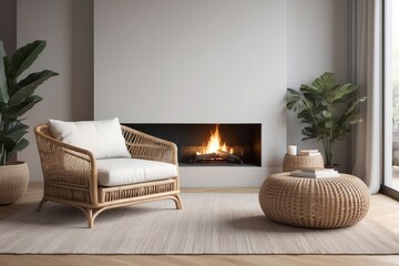 Rattan lounge chair, wicker, pouf and white sofa by fireplace