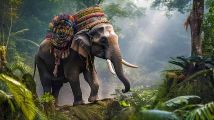 Gordijnen Elephant in decorative attire amidst a fog-laden forest, with a rider in traditional dress, symbolizing cultural heritage © Sachin