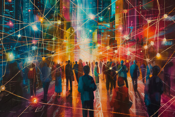 A lively cityscape painting with vibrant colors, portraying a diverse group of interconnected individuals within a web-like network, symbolizing unity and collaboration.