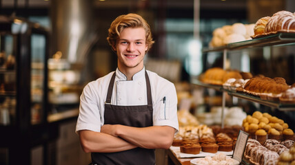young baker standing in front of his pastry shop.