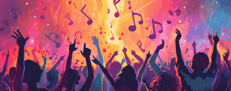 A crowd with raised arms reaching towards ethereal musical notes in a music festival setting, highlighting the convergence of collective joy and shared musical experience.