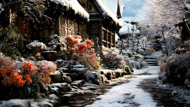 Snowy Bloom Haven: Houses Surrounded by Trees, Flowers, and Snow