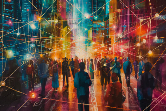 A lively cityscape painting with vibrant colors, portraying a diverse group of interconnected individuals within a web-like network, symbolizing unity and collaboration. © mihrzn