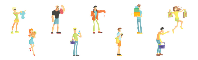 Shopping with Man and Woman Character Choose Things to Buy Vector Set