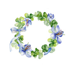 Circle frame with crocus and clover watercolor illustration isolated on white background. Painted spring flowers frame. Hand drawn Irish symbol. Design element for St.Patricks day, Easter, package