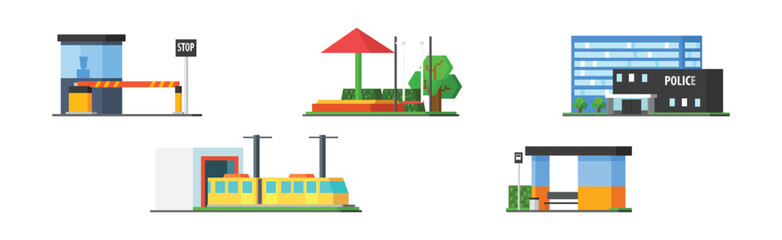 City Landscape Element with Playground, Tram, Police Station and Bus Stop Vector Set