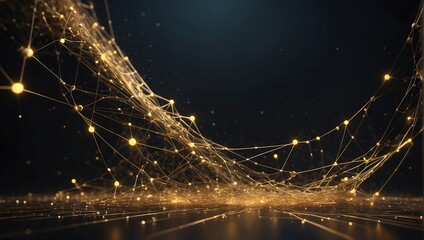Stand background, Technology and futuristic concept, Showcase, Empty space, Backdrop, Animation. Gold colored 3d rendered network connection plexus design. Particle dots and lines on dark background w - obrazy, fototapety, plakaty