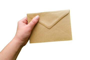 A hand holds a closed kraft envelope. Letter in hand on transparent background