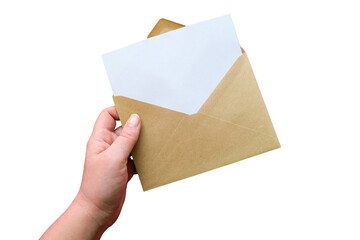Obraz premium A hand holds a envelope with a blank sheet of paper. Letter template on transparent background