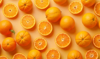 Deurstickers  many Fresh gorgeous oranges Wallpaper, fruits background, summer juicy harvest backdrop close up © Deea Journey 