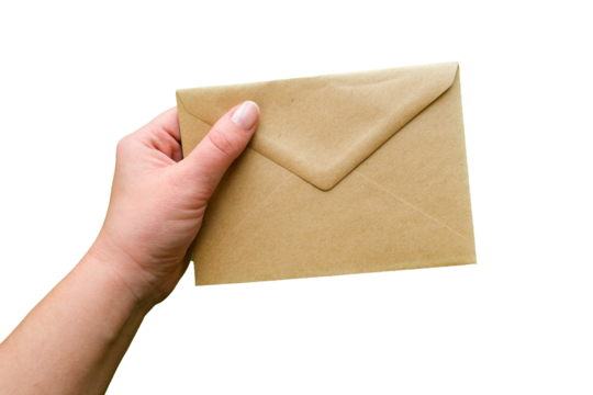 A hand holds a closed kraft envelope. Letter in hand on transparent background