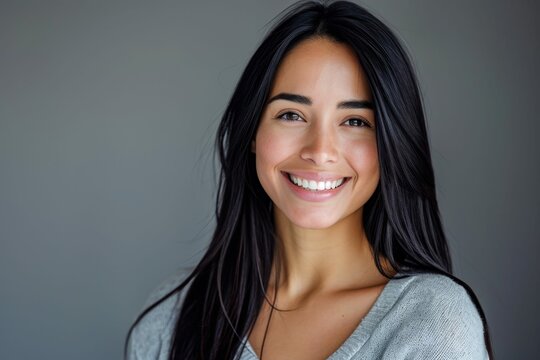 Close-up of successful Latin woman, radiant smile, grey background