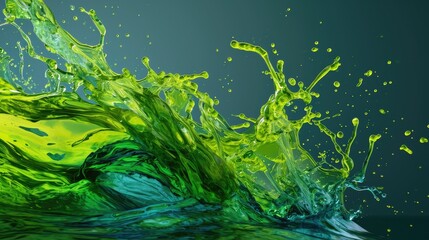 Fototapeta na wymiar Vibrant green liquid splash on dark background, dynamic motion, abstract fluid art.