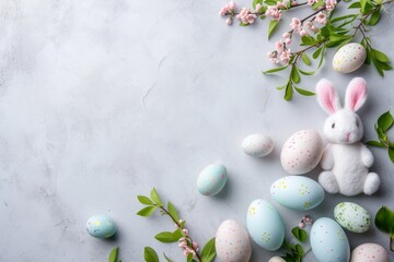 Elegant easter eggs background with copy space light pink and blue background