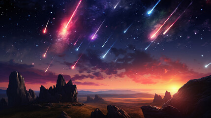 Night landscape image of colorful meteor shower. Ai generate.