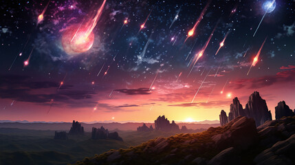 Night landscape image of colorful meteor shower. Ai generate.