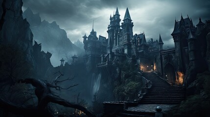 Fototapeta premium Illustration of Dracula's castle among the mountains, featuring gothic-style architecture and a spooky, mysterious atmosphere.