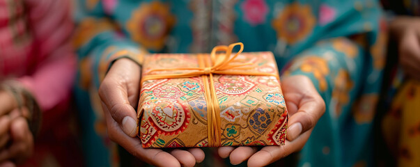 Fototapeta na wymiar Sharing Gifts, Sharing Joy, Close-up of hands exchanging a beautifully wrapped gift, embodying the spirit of giving and celebration, an anniversary and birthday gift for a friend or wife