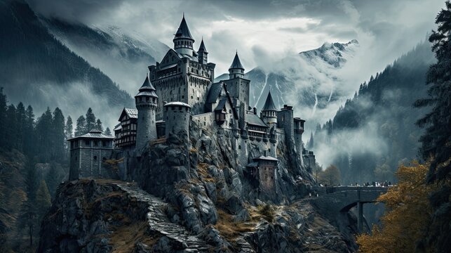 Illustration of Dracula's castle among the mountains, featuring gothic-style architecture and a spooky, mysterious atmosphere.