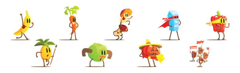 Funny Fruit and Vegetable Character Fighting Vector Set