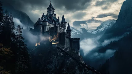 Fototapeten Illustration of Dracula's castle among the mountains, featuring gothic-style architecture and a spooky, mysterious atmosphere. © Xabrina