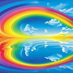 Fototapeta na wymiar Vibrant Rainbow Reflection: Illustration of a Bright Rainbow Above Water, Where Rainbow and Clouds Reflect and Refract, Creating a Colorful and Magical Scene of Radiant Beauty and Serenity