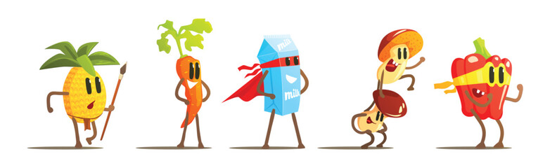 Funny Fruit and Vegetable Character Fighting Vector Set