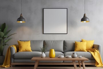 Lamps above wooden table in open space interior with yellow blanket on grey sofa