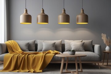 Lamps above wooden table in open space interior with yellow blanket on grey sofa