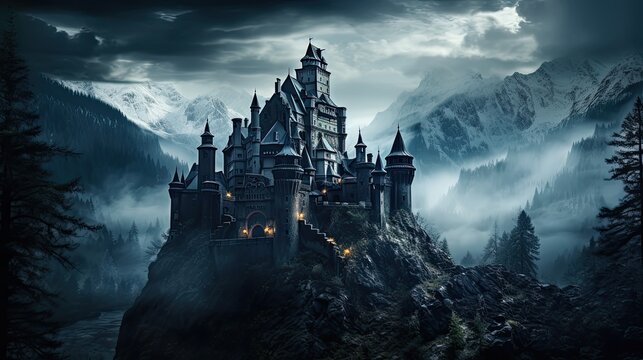 Illustration of Dracula's castle among the mountains, featuring gothic-style architecture and a spooky, mysterious atmosphere.